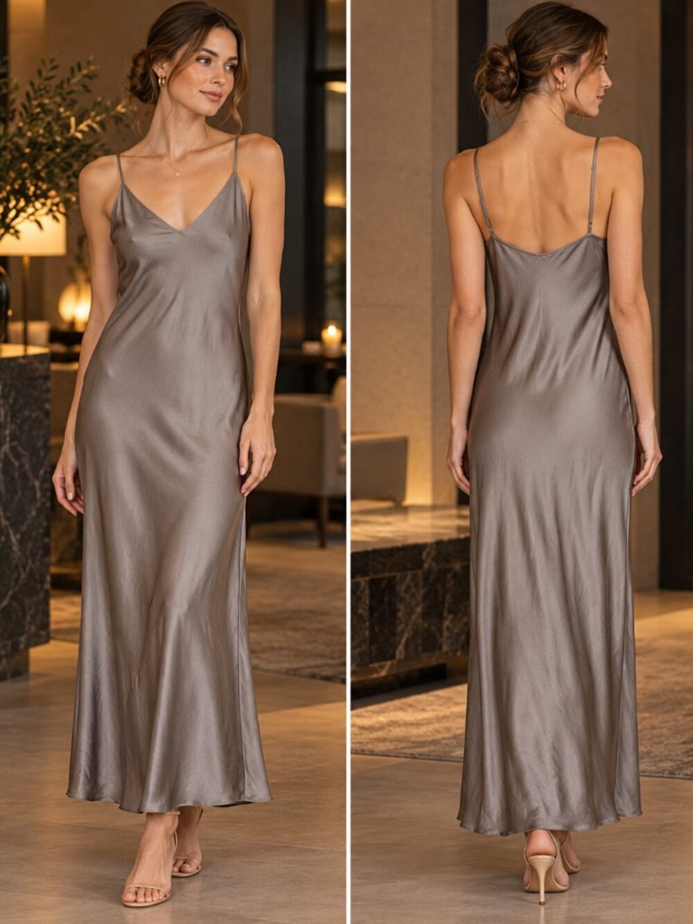 Quince 100% Washable Silk Maxi Slip Dress M Mink Taupe V Neck Bias Cut